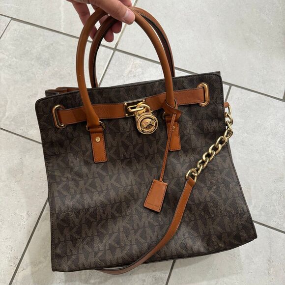 Michael Kors Hamilton Large Logo MK Signature Brown Gold Lock Bag Handbag - Picture 10 of 11